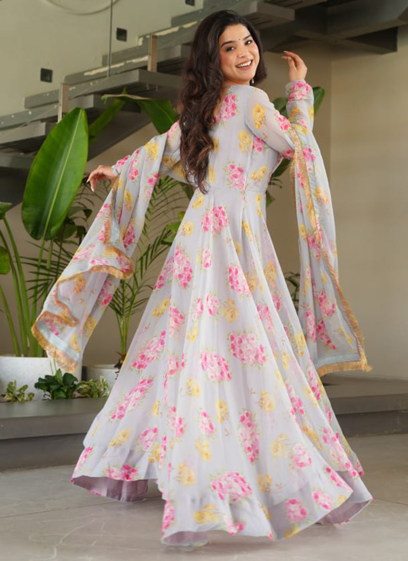 Grey Georgette Printed Party Wear Gown With Dupatta