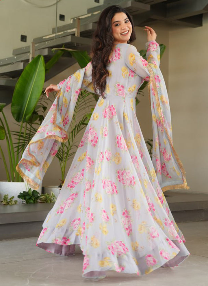 Grey Georgette Printed Party Wear Gown With Dupatta