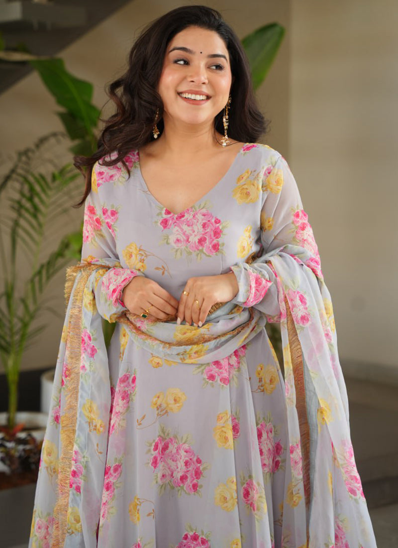 Grey Georgette Printed Party Wear Gown With Dupatta
