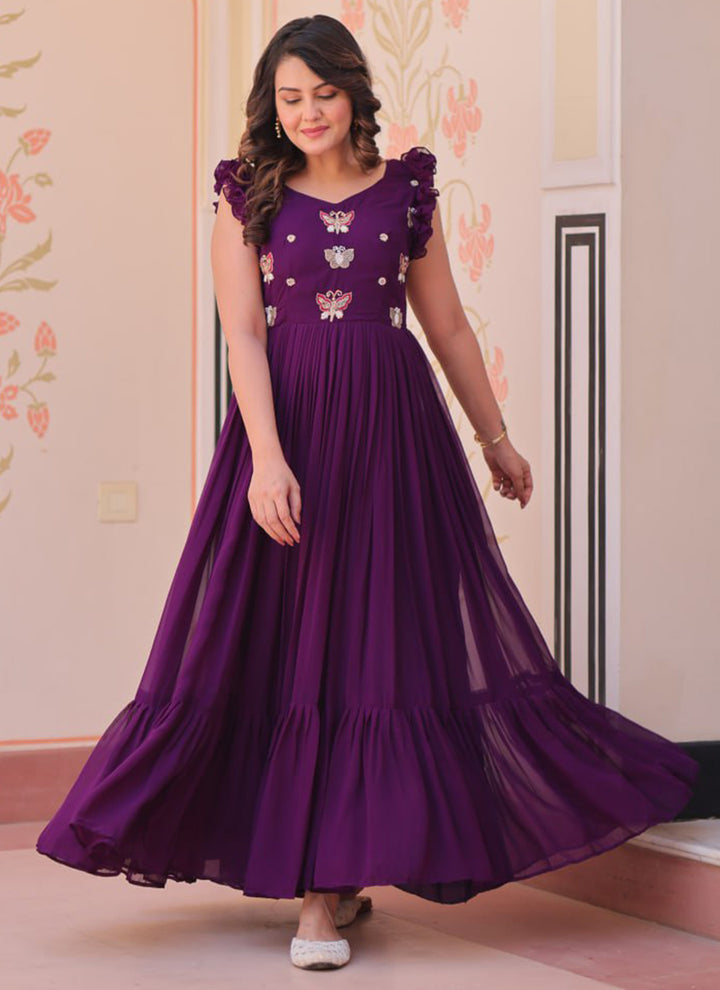 Purple Embroidered Party Wear Dress