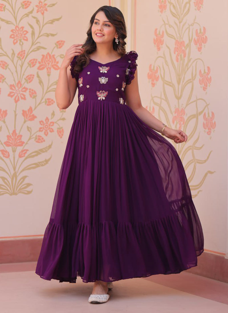 Purple Embroidered Party Wear Dress