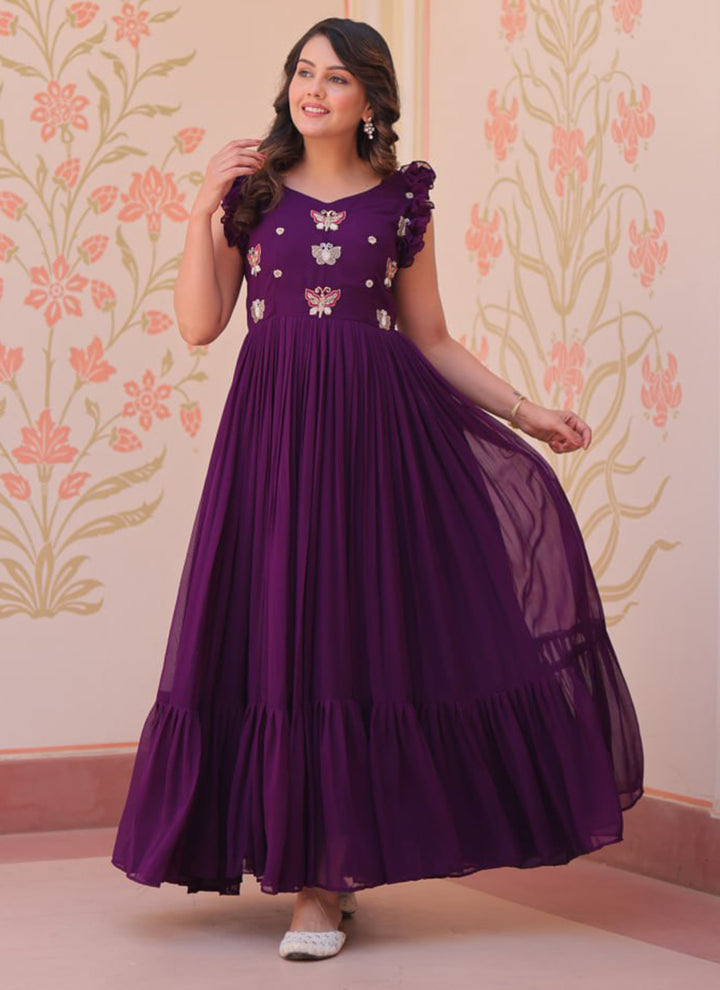 Purple Embroidered Party Wear Dress