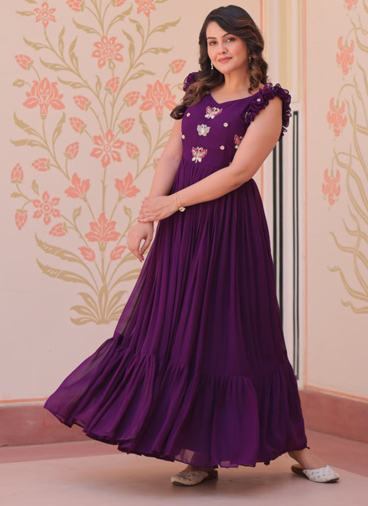 Purple Embroidered Party Wear Dress
