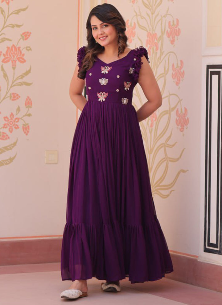 Purple Embroidered Party Wear Dress