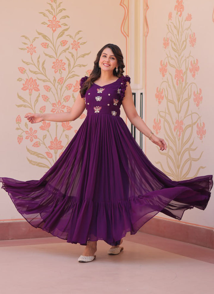 Purple Embroidered Party Wear Dress