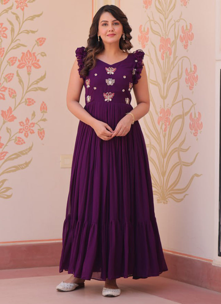 Purple Embroidered Party Wear Dress