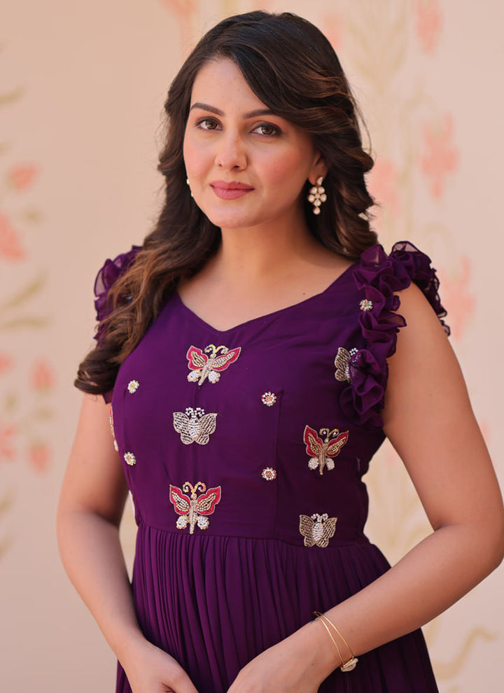 Purple Embroidered Party Wear Dress