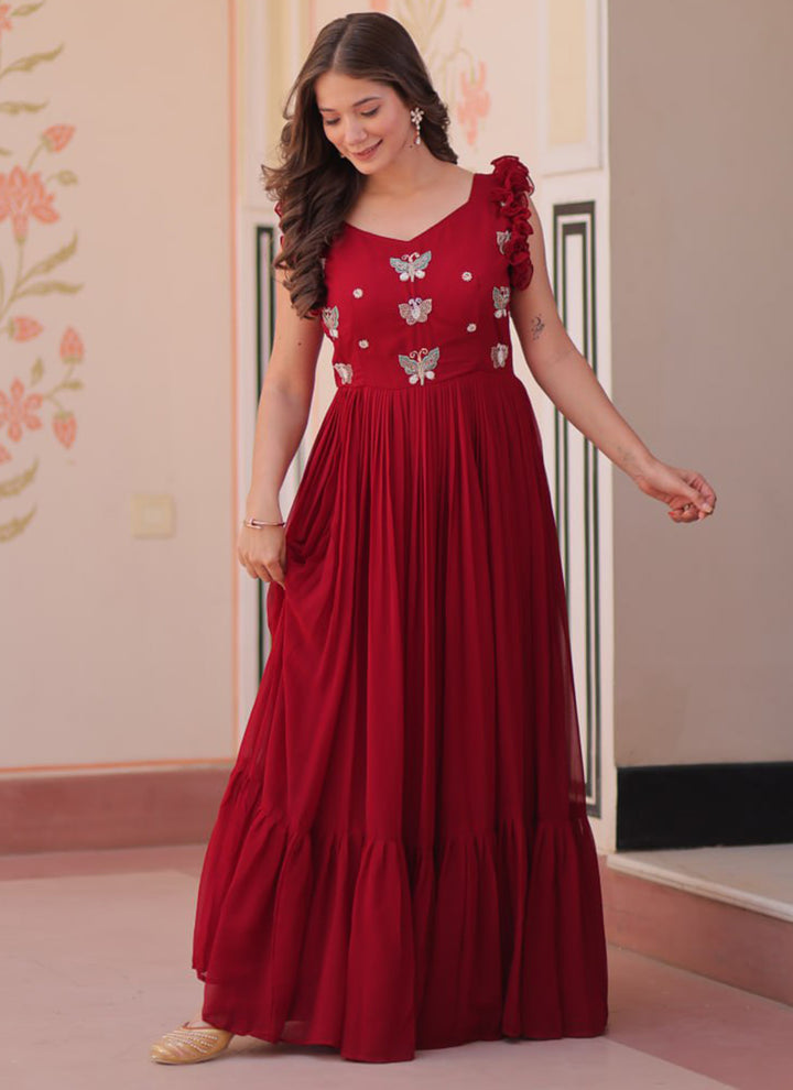 Maroon Embroidered Party Wear Dress