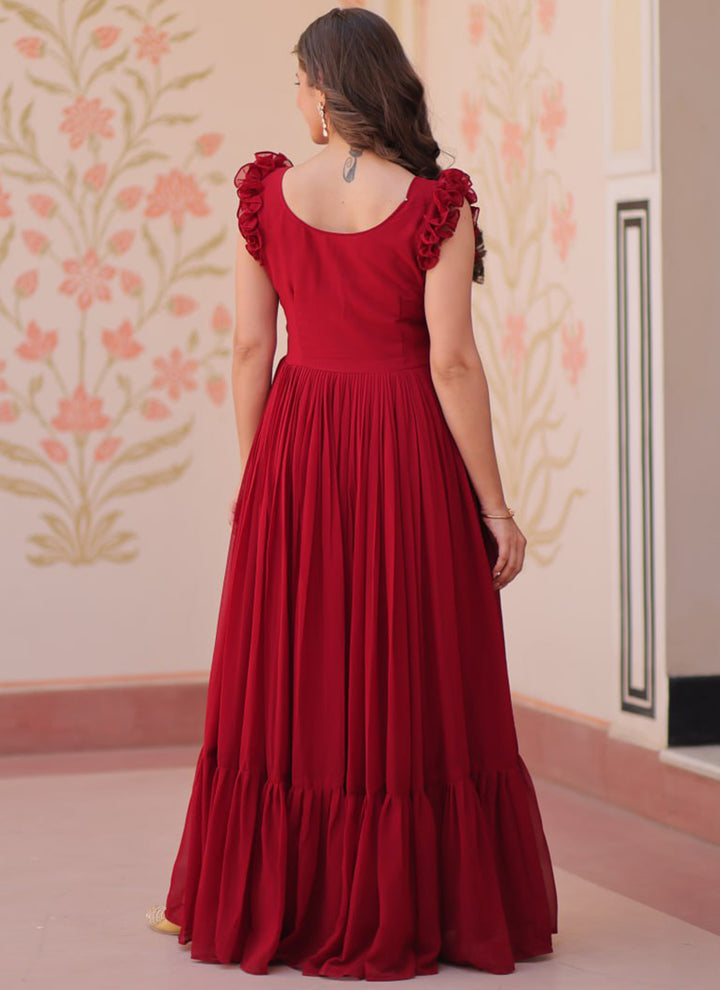 Maroon Embroidered Party Wear Dress