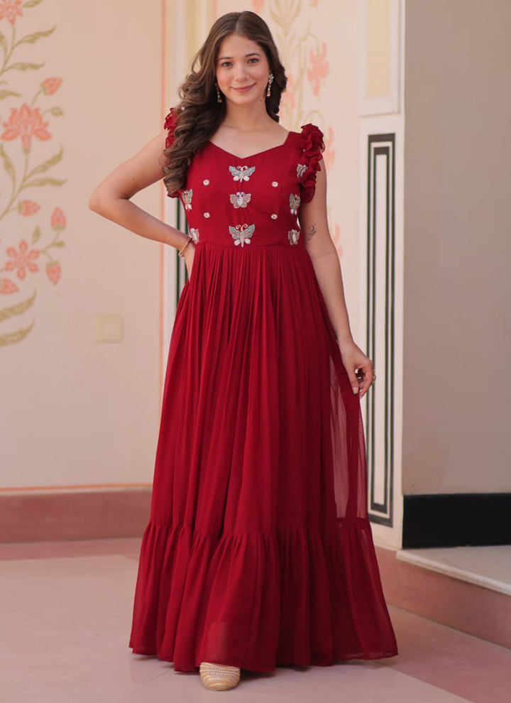 Maroon Embroidered Party Wear Dress