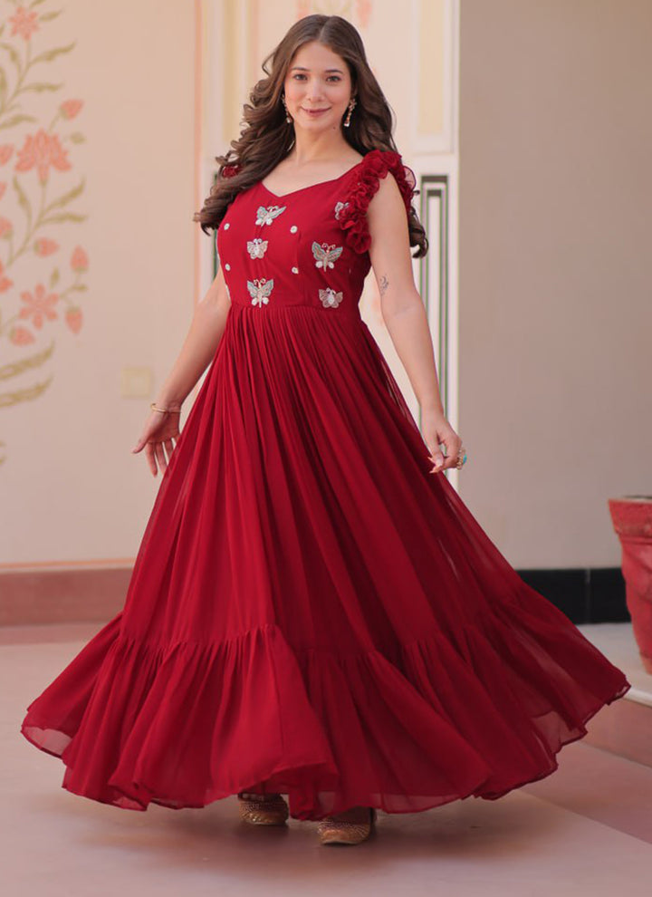 Maroon Embroidered Party Wear Dress