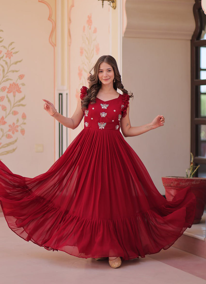 Maroon Embroidered Party Wear Dress