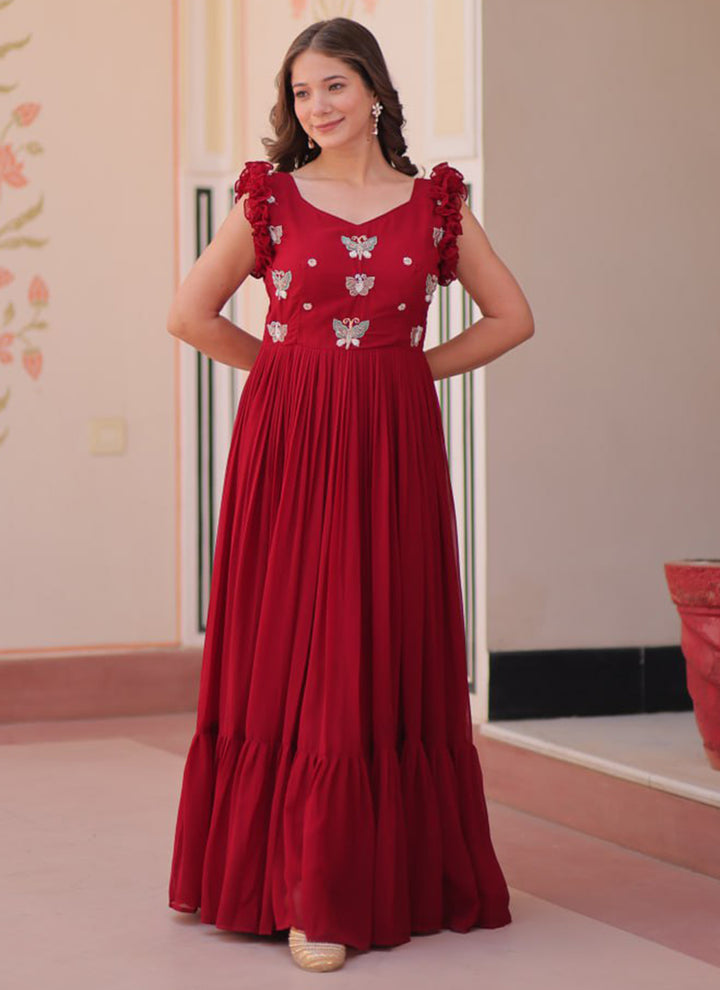 Maroon Embroidered Party Wear Dress