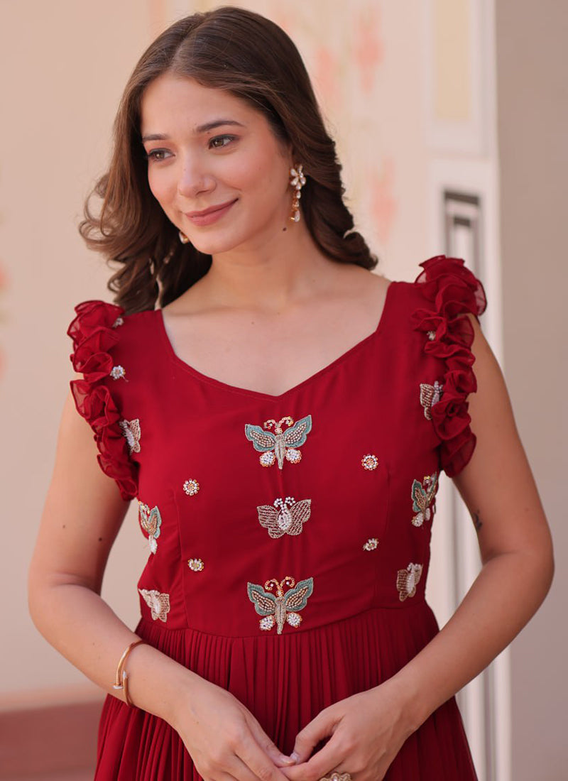 Maroon Embroidered Party Wear Dress