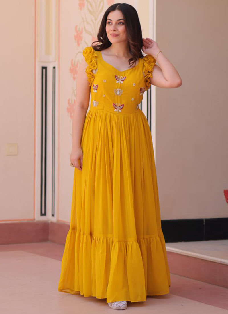 Yellow Embroidered Party Wear Maxi Dress