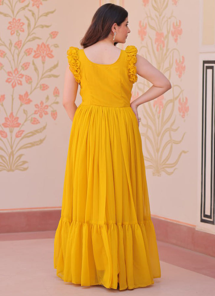 Yellow Embroidered Party Wear Maxi Dress
