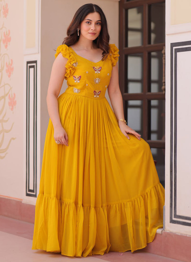 Yellow Floral Print Maxi Dress With Embroidery Work Shinisha Yellow Floral Print Maxi Dress With Embroidery Work Shinisha
