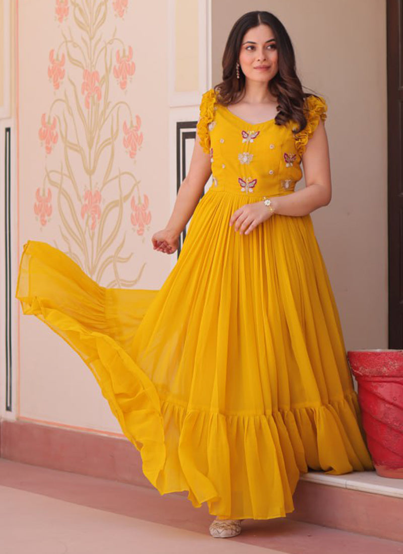 Yellow Embroidered Party Wear Maxi Dress