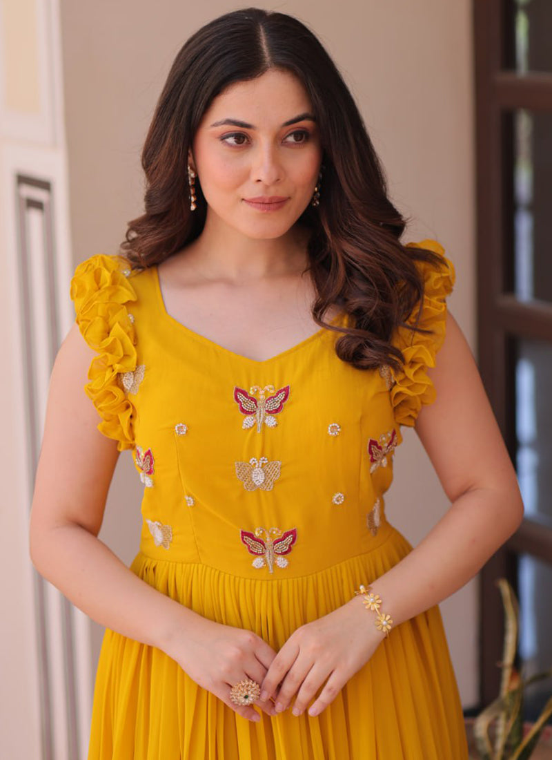 Yellow Floral Print Maxi Dress With Embroidery Work Shinisha Yellow Floral Print Maxi Dress With Embroidery Work Shinisha