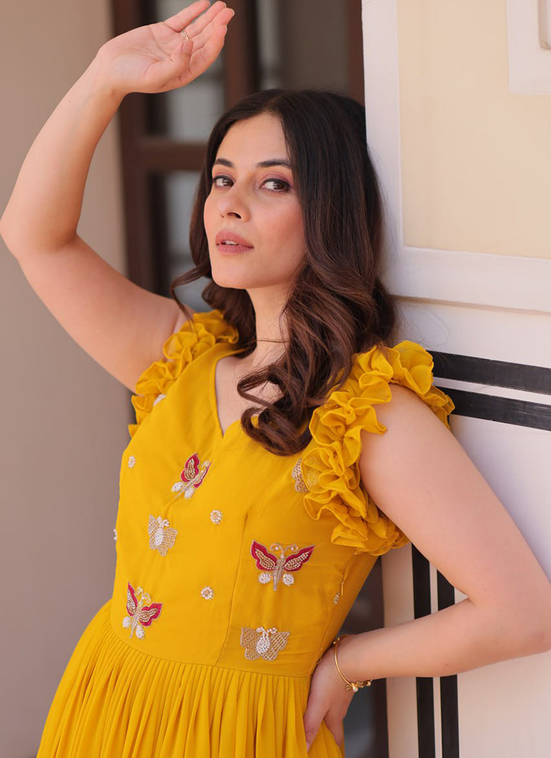 Yellow Embroidered Party Wear Maxi Dress