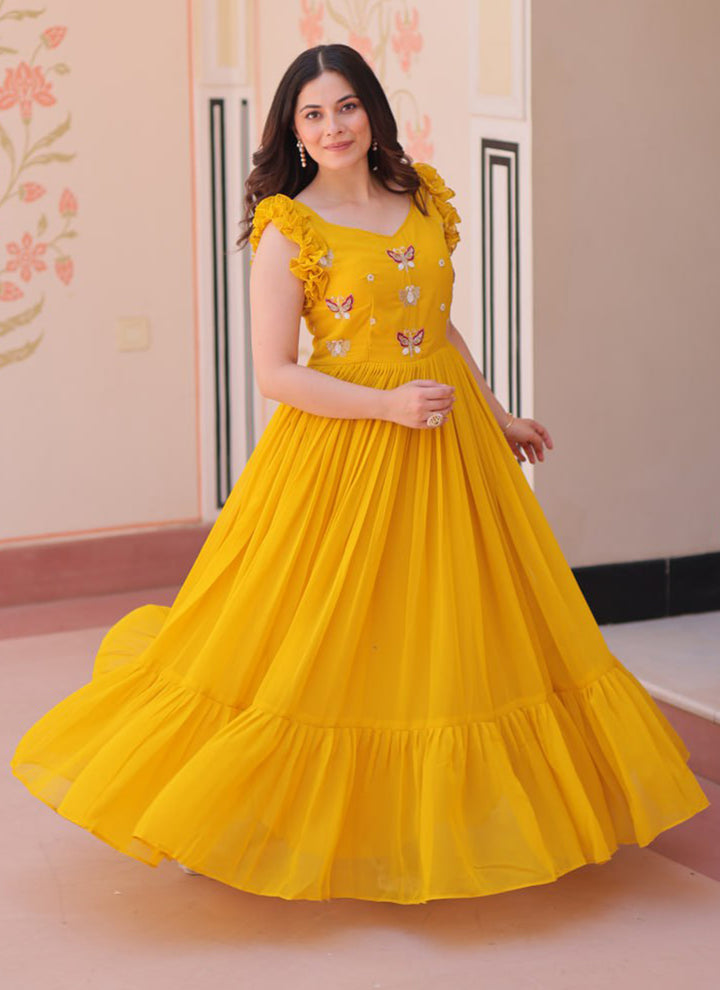 Yellow Embroidered Party Wear Maxi Dress