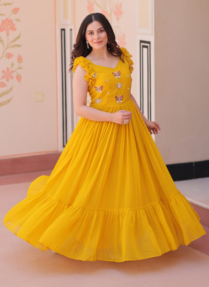 Yellow Floral Print Maxi Dress With Embroidery Work Shinisha Yellow Floral Print Maxi Dress With Embroidery Work Shinisha