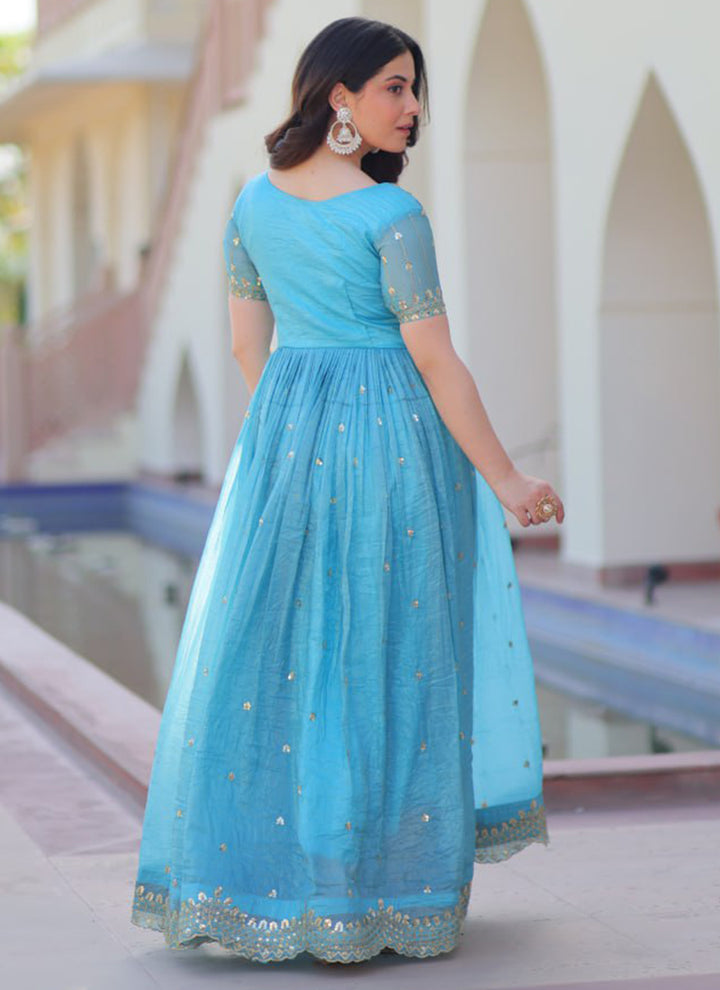 Sky Blue Floor Length Party Wear Maxi Dress