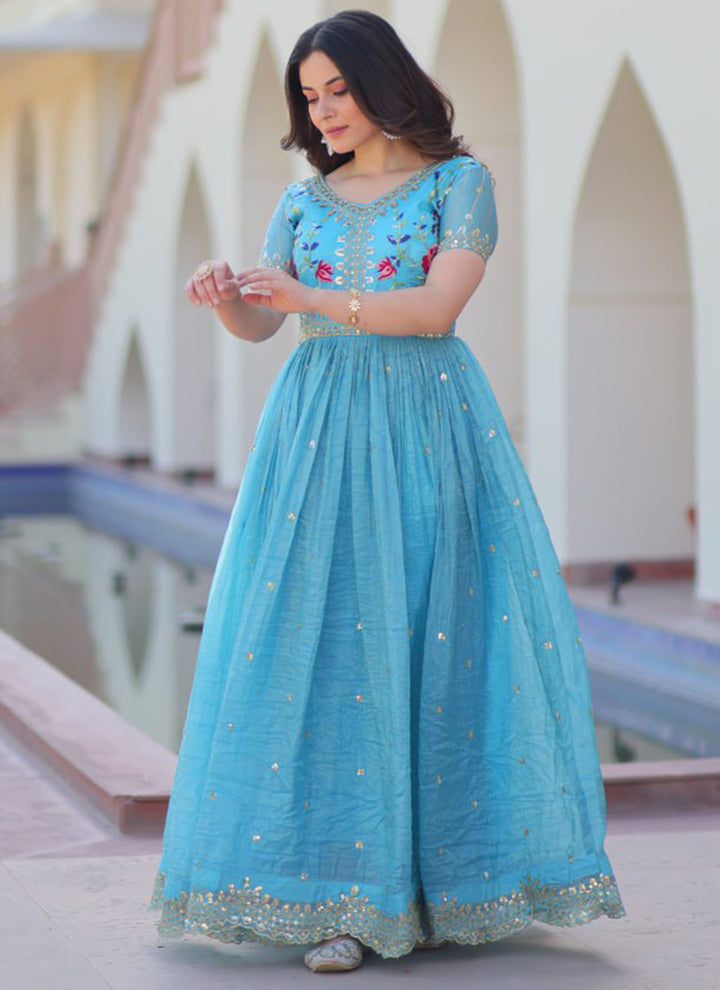 Sky Blue Floor Length Party Wear Maxi Dress