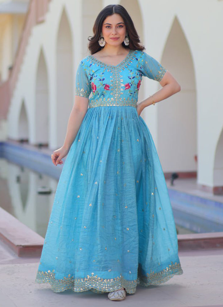 Sky Blue Floor Length Party Wear Maxi Dress