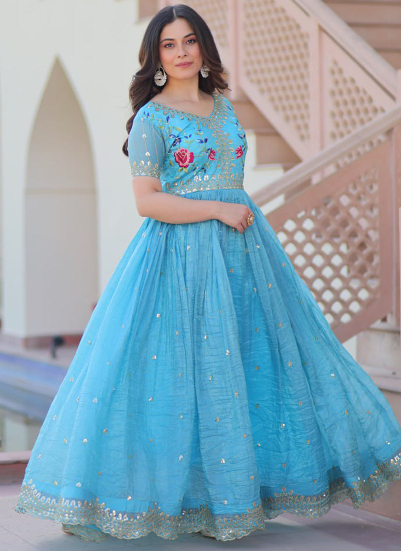 Sky Blue Floor Length Party Wear Maxi Dress