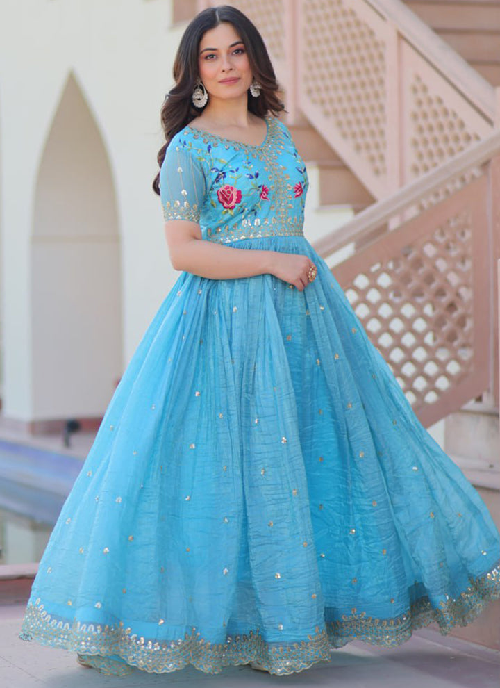 Sky Blue Floor Length Party Wear Maxi Dress