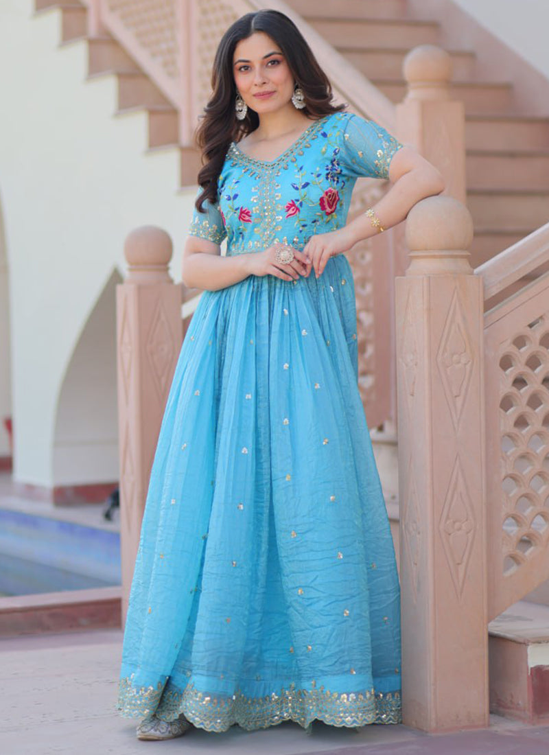 Sky Blue Floor Length Party Wear Maxi Dress