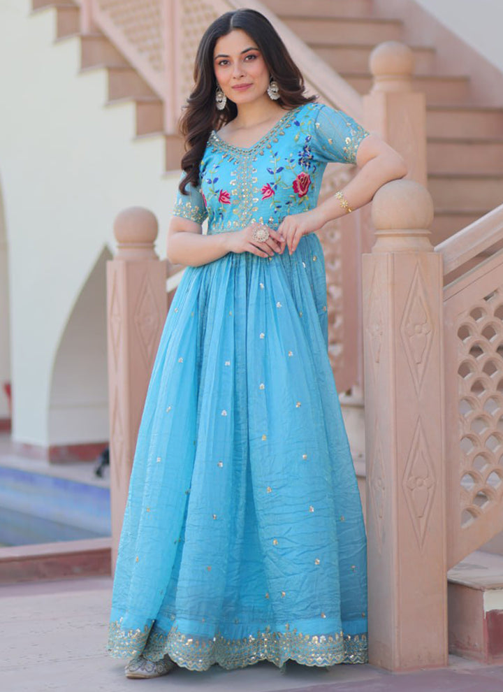 Sky Blue Floor Length Party Wear Maxi Dress