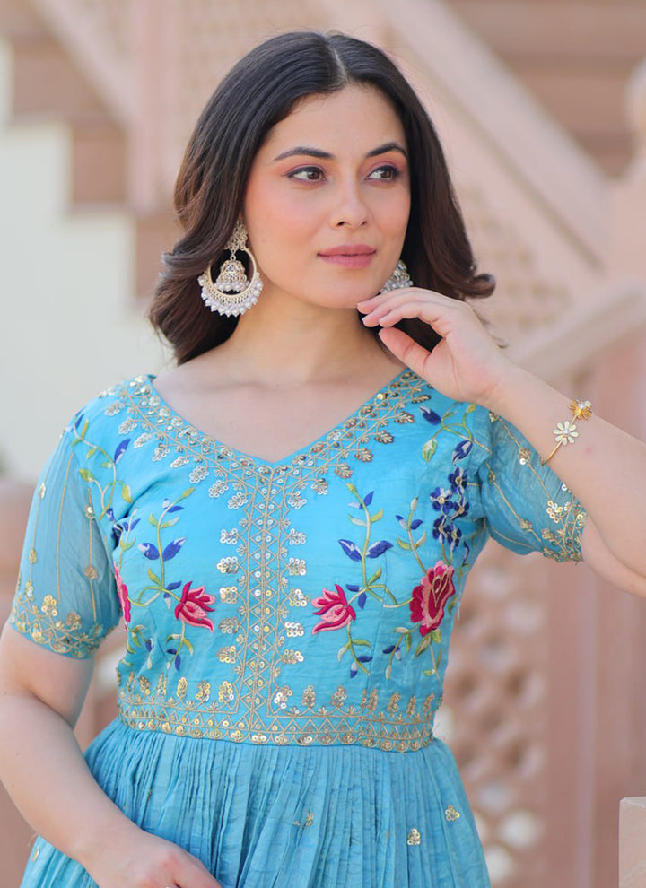 Sky Blue Floor Length Party Wear Maxi Dress