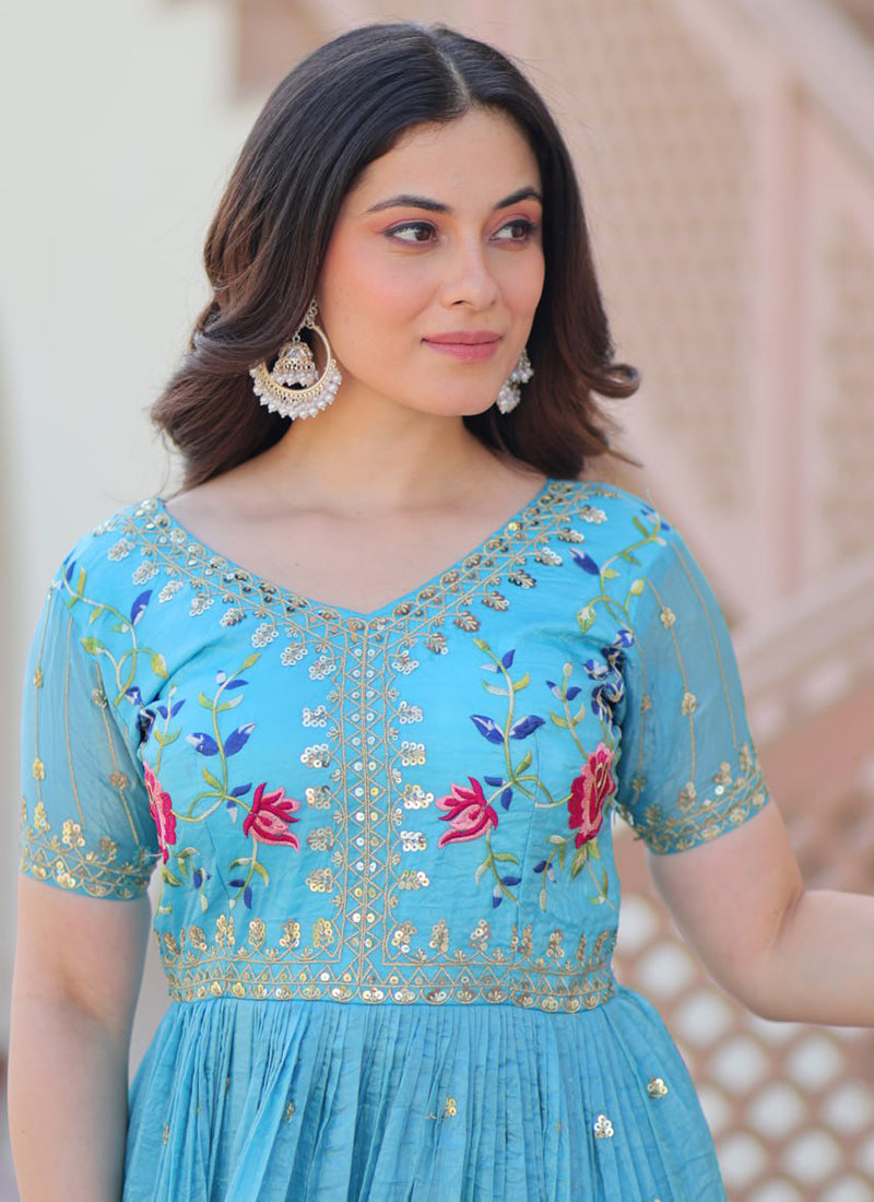 Sky Blue Floor Length Party Wear Maxi Dress Shinisha Sky Blue Floor Length Party Wear Maxi Dress Shinisha