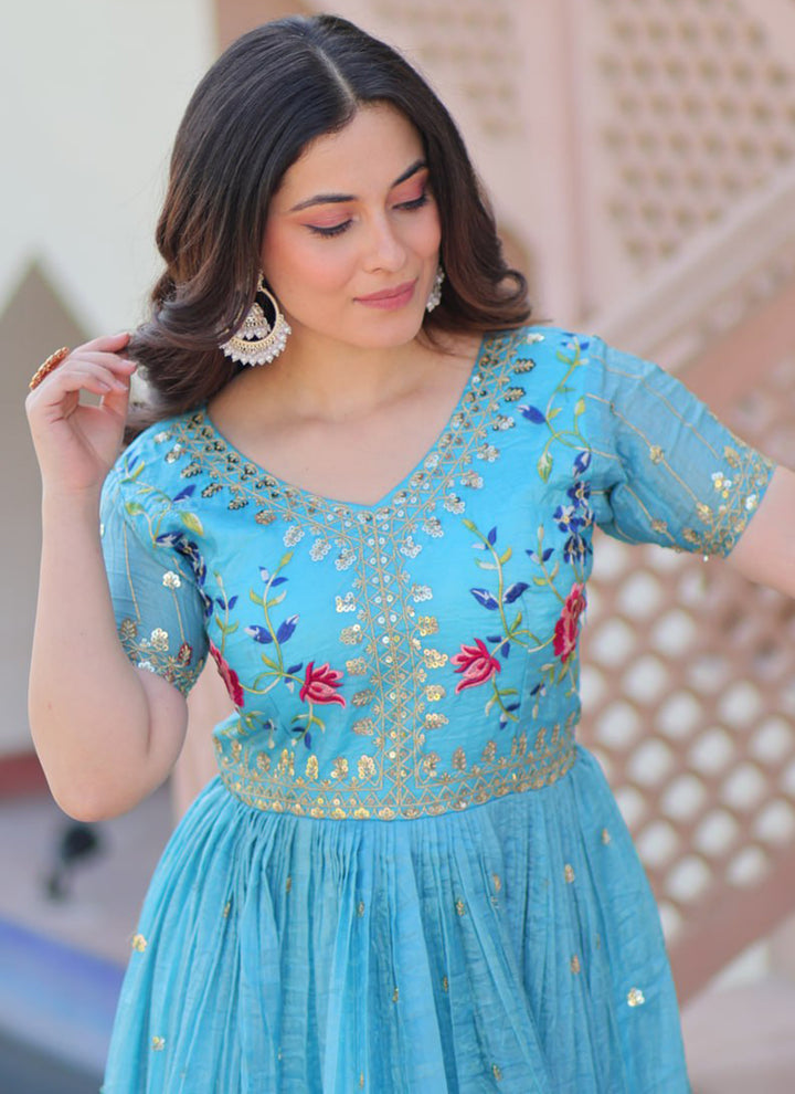 Sky Blue Floor Length Party Wear Maxi Dress