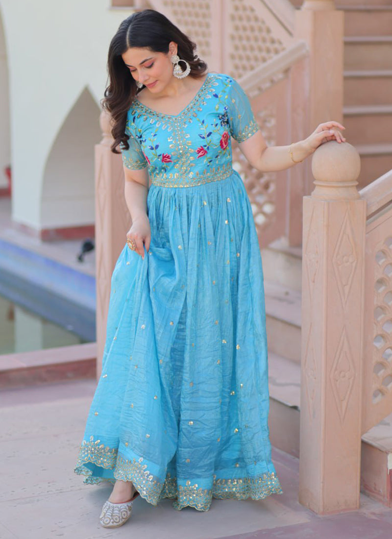 Sky Blue Floor Length Party Wear Maxi Dress