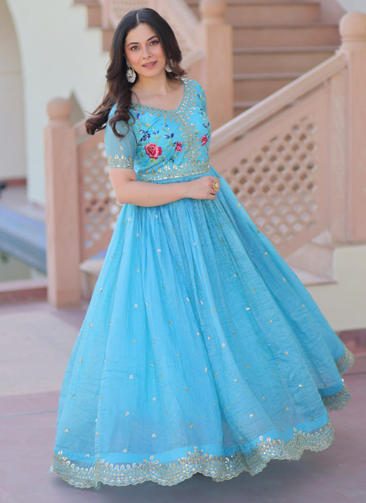 Sky Blue Floor Length Party Wear Maxi Dress