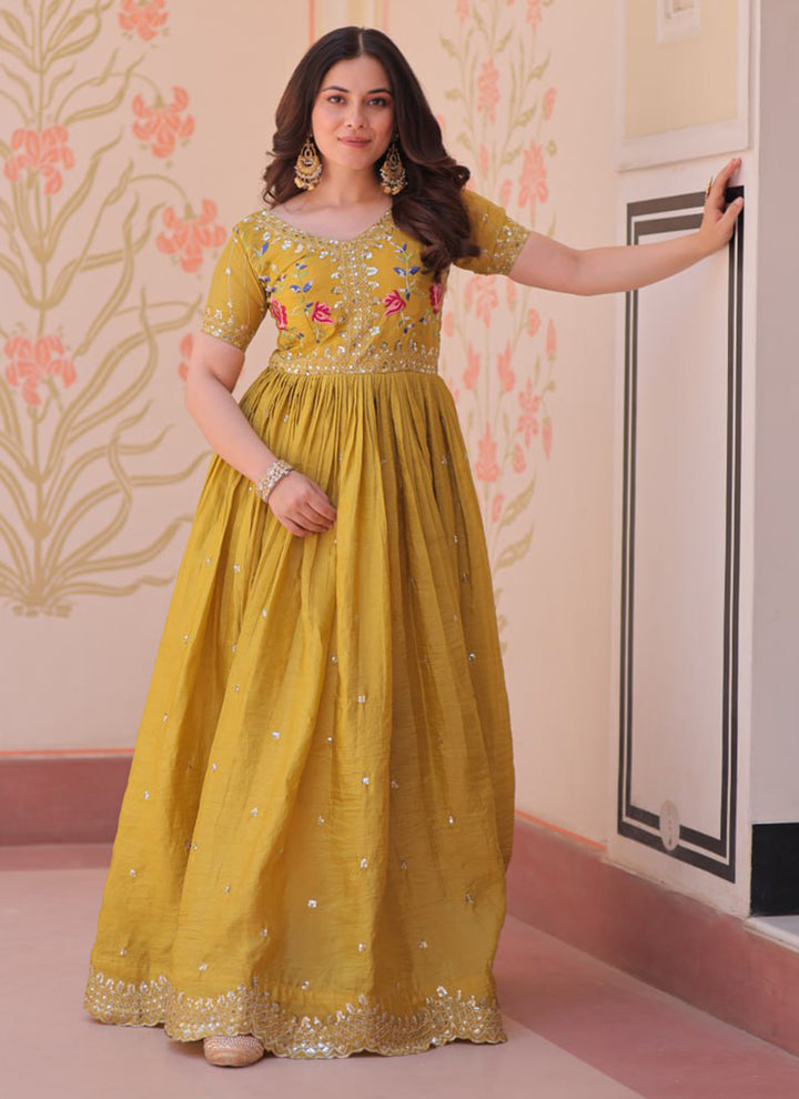 Mustard Floor Length Party Wear Maxi Dress