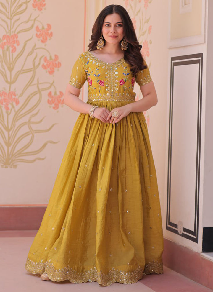 Mustard Floor Length Party Wear Maxi Dress