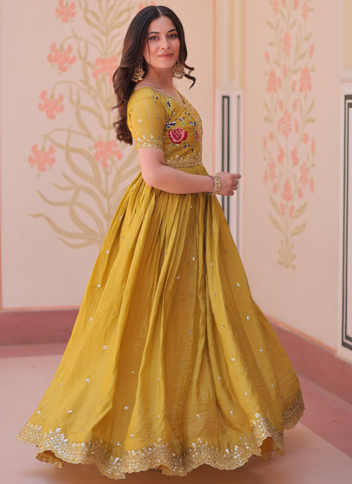 Mustard Floor Length Party Wear Maxi Dress