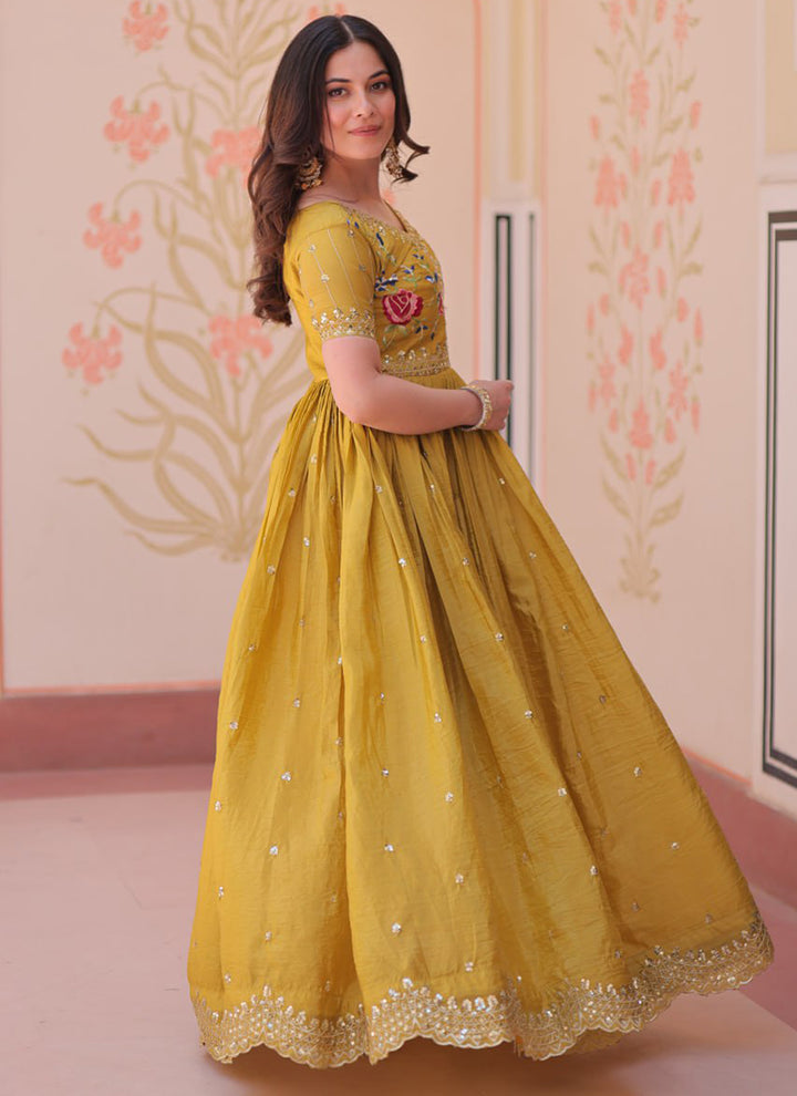 Mustard Floor Length Party Wear Maxi Dress