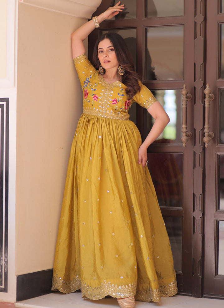 Mustard Floor Length Party Wear Maxi Dress