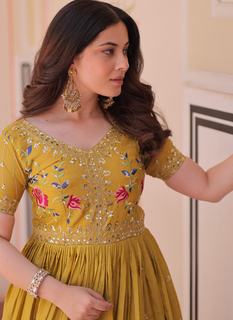 Mustard Floor Length Party Wear Maxi Dress
