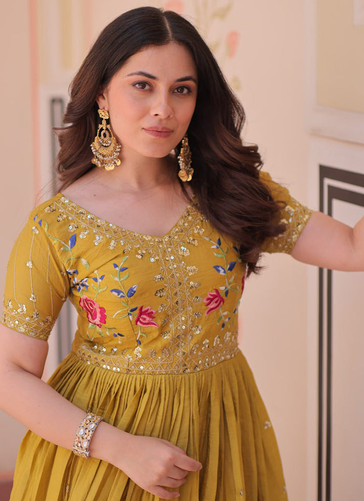Mustard Floor Length Party Wear Maxi Dress
