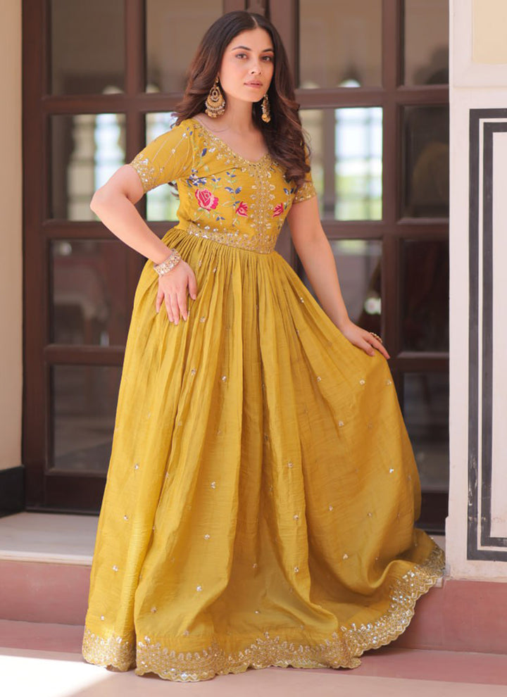 Mustard Floor Length Party Wear Maxi Dress
