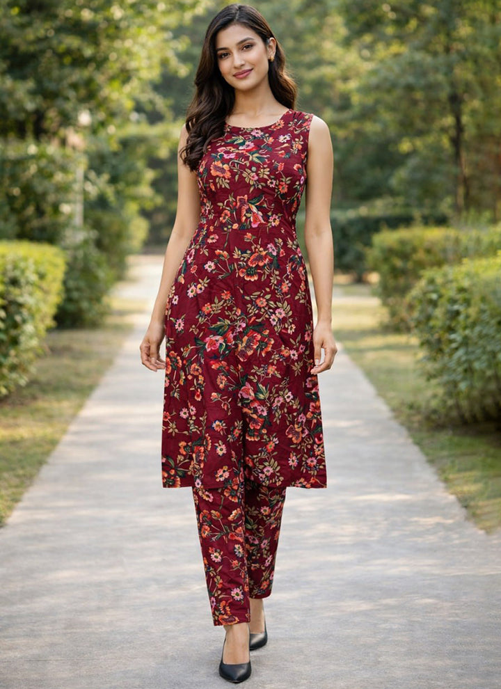 Maroon Crepe Flower Printed Outwear Kurti And Pant