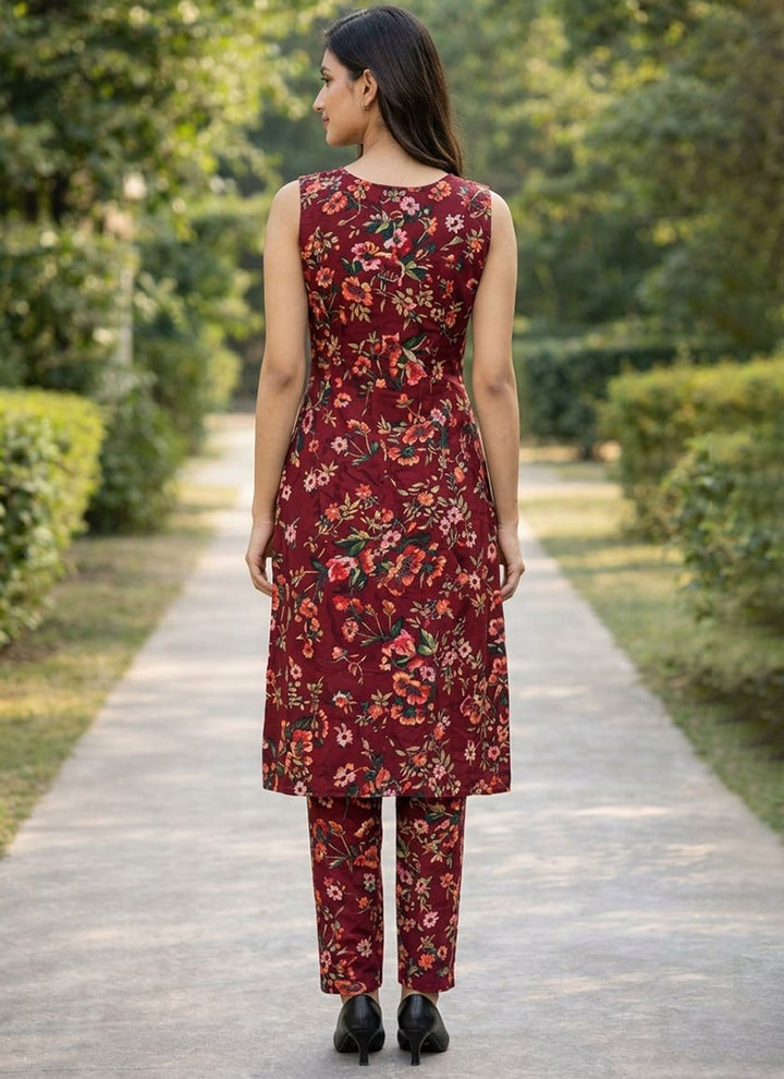 Maroon Crepe Flower Printed Outwear Kurti And Pant