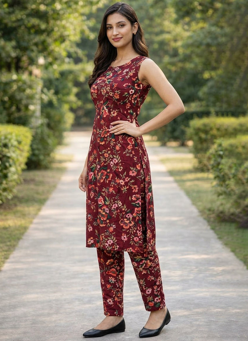 Maroon Crepe Flower Printed Outwear Kurti And Pant