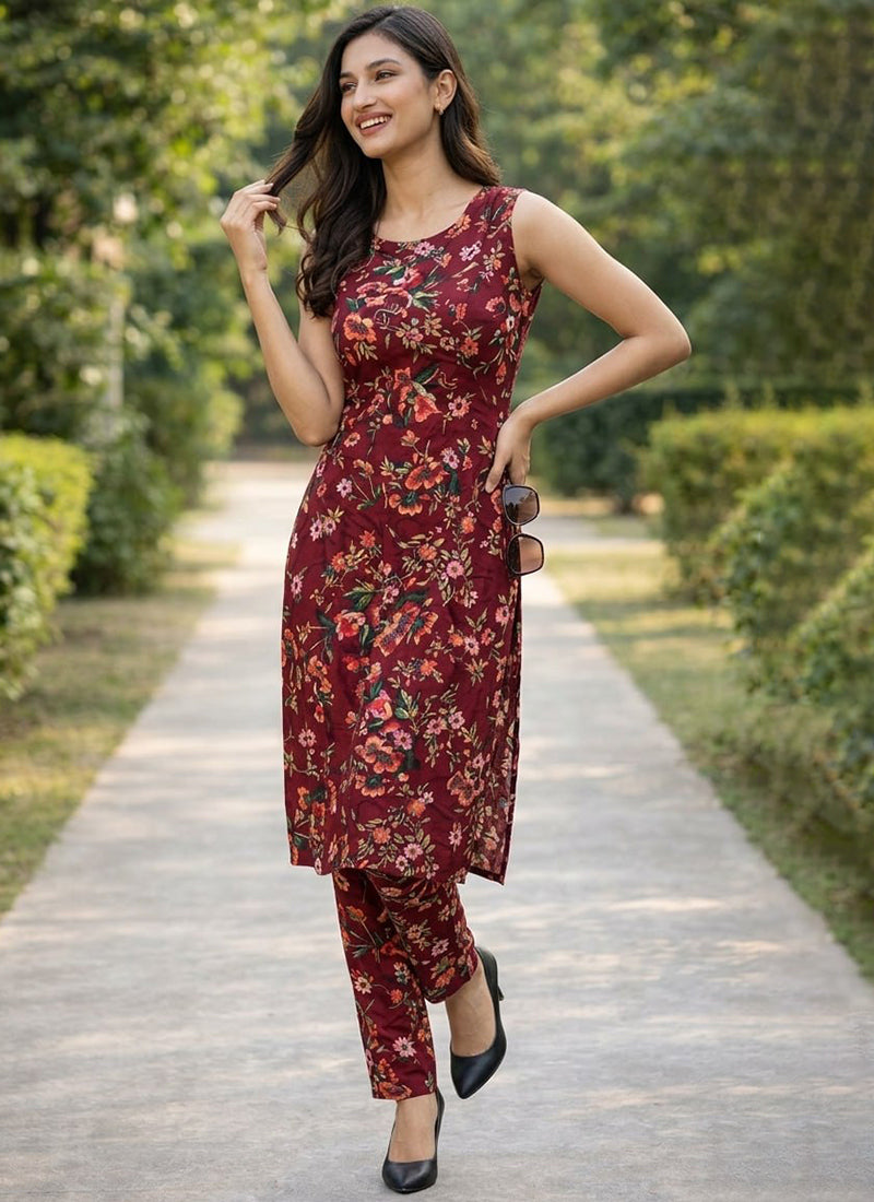 Maroon Crepe Flower Printed Outwear Kurti And Pant